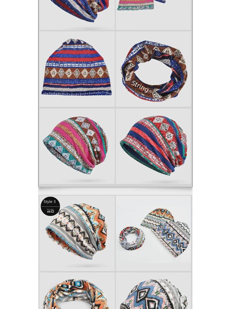 Женская шапка-пуловер двойного назначения в этническом стиле и шарф, а также теплый бархатный платок на голову для весны, осени и зимы