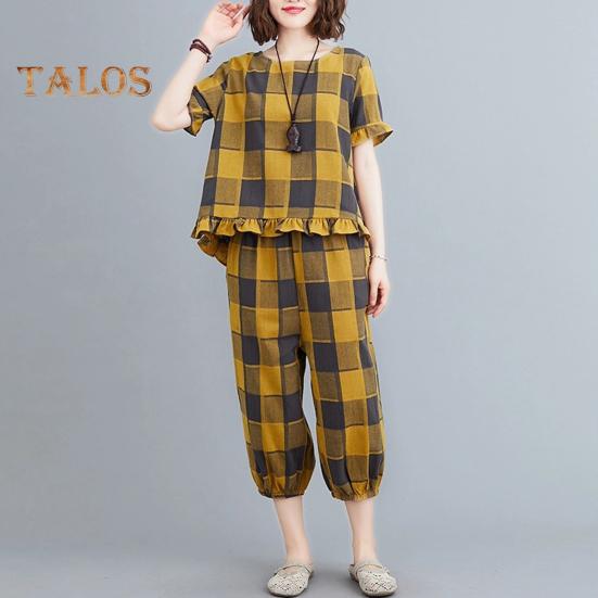 Женский комплект из 2 предметов для отдыха, повседневный клетчатый топ большого размера с короткими рукавами и спортивные брюки, летний свободный наряд