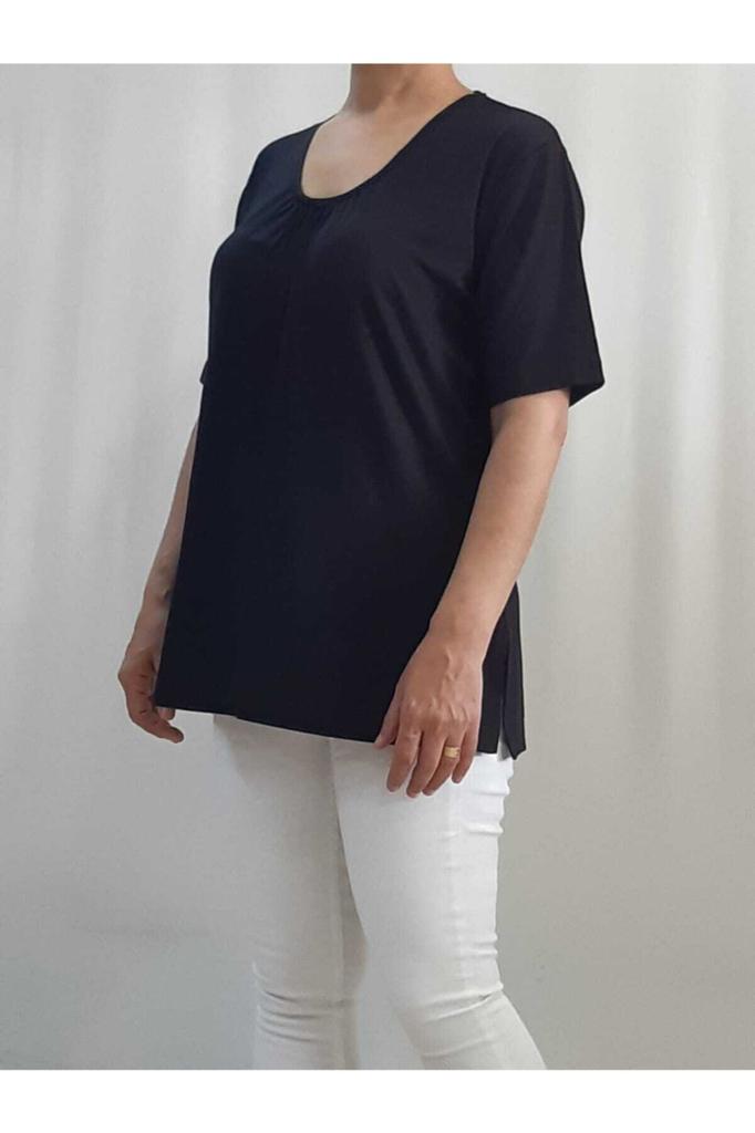 Женская стильная футболка большого размера со сборками спереди, с круглым вырезом и короткими рукавами, черная футболка из чесаного хлопка