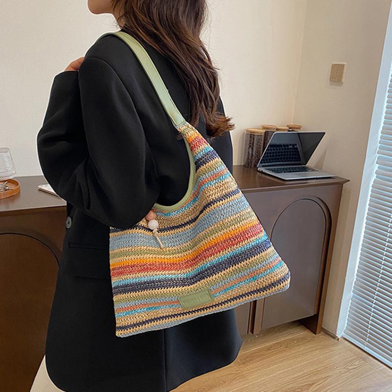 Chic Striped Woven Shoulder Bag for Girls Women Large Capacity Summer Beach Straw Tote Bag for Everyday & Vacation Use KTY