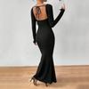 European and American Sexy and Elegant Front Chest Strap-up Big U-neck Slim-fitting Long-sleeved Hip-wrapped Long Temperament Dress