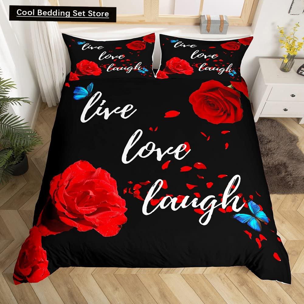 Пододеяльник Golden Red Rose King Queen Романтический комплект постельного белья с цветочным принтом Цветы ко Дню святого Валентина Пододеяльник из полиэстера