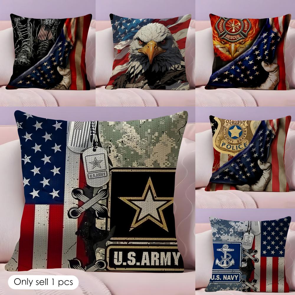 Emblem Usa Fire Police Military Cushion Cover Natural Linen Organic Fabric DoubleSided Printing Sofa Home Decor Pillow Case