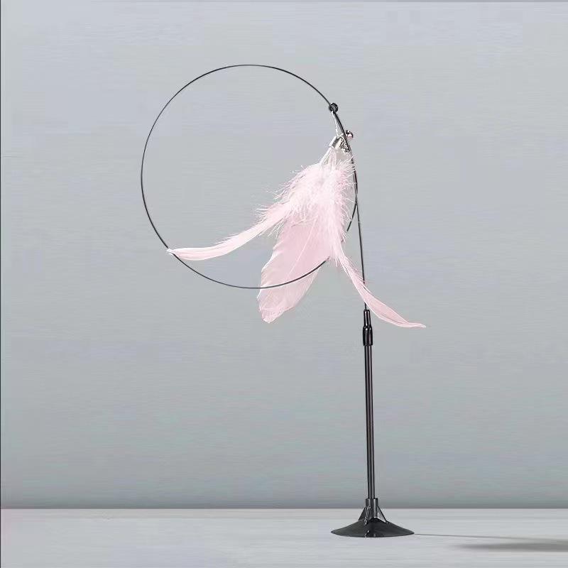 Cat Wand Teaser with Strong Suction Cup, Colorful Feathers, Steel Wire, Long Rod, Durable Design, and Bell for Self-Play