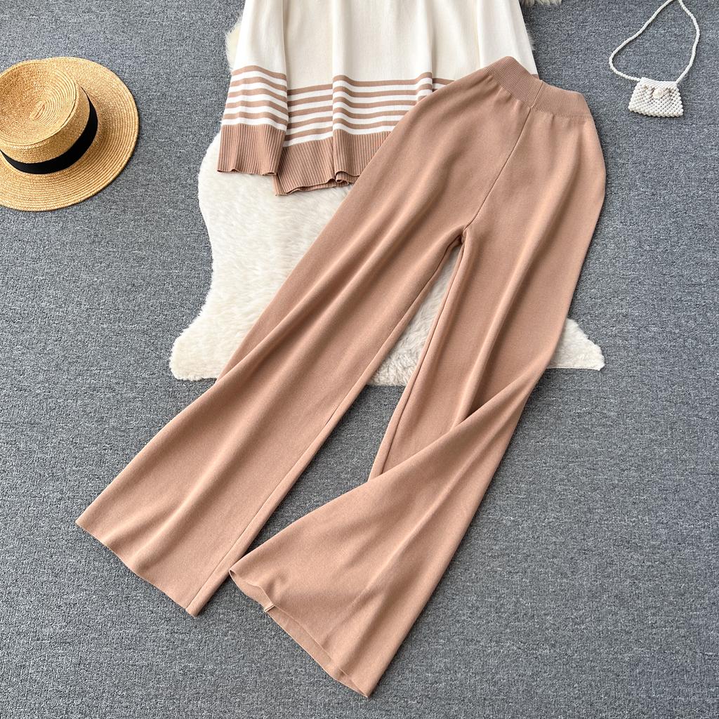 Осень-весна повседневные трикотажные комплекты с высоким воротником в полоску пуловер с разрезом + широкие длинные брюки женский модный свободный костюм-свитер