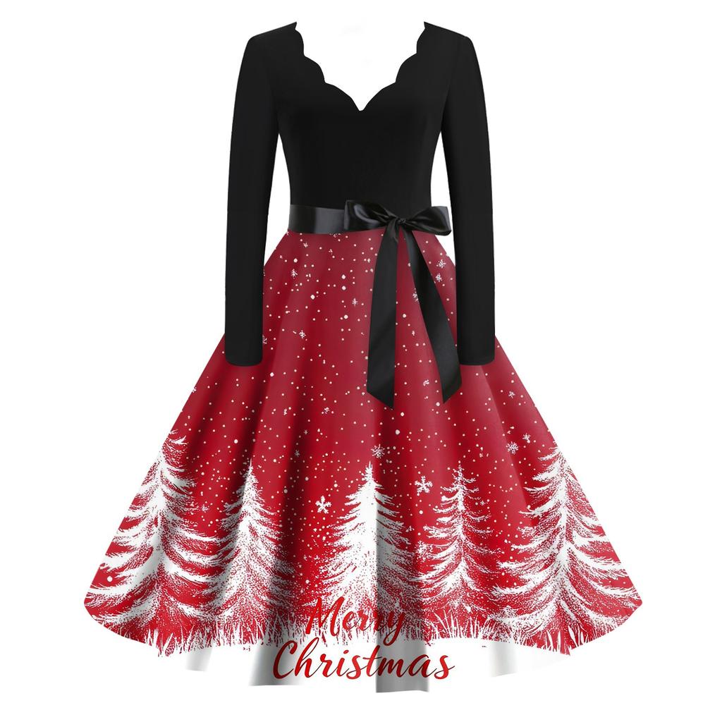 Женские модные повседневные тонкие рождественские платья с длинным рукавом с v-образным вырезом и принтом