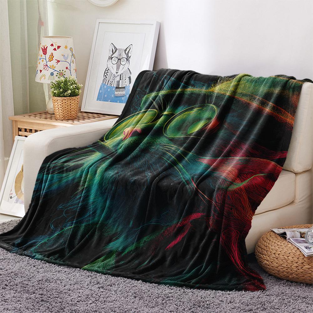 Neon Cats Print Flannel Blanket, High quality Comfortable for All Seasons, Home Decor, Warmth and Comfort
