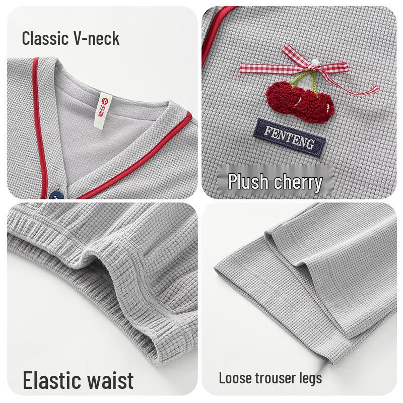 FENTENG Women's Waffle Knit V-Neck Pajama Set