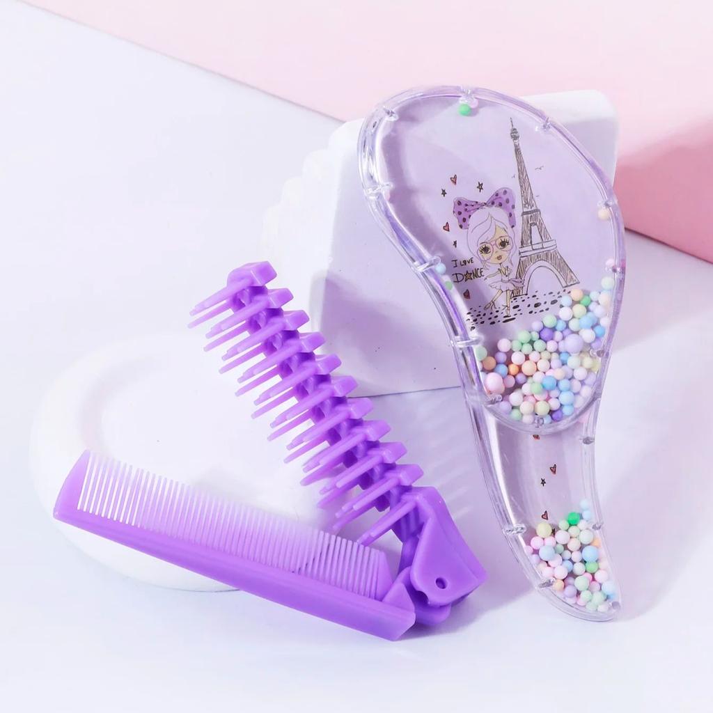 Cartoon Hairdressing Travel Set - Air cushion non damaging hair brush, mini pocket folding comb, suitable for all types of hair