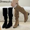 Зимние плиссированные женские модные длинные сапоги уличный стиль толстый каблук вечеринка женские эластичные облегающие сапоги до колена