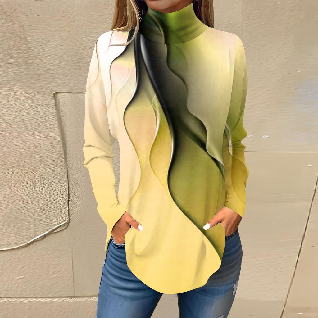 Женская модная повседневная футболка с длинным рукавом с высоким воротом и принтом, пуловер, топ