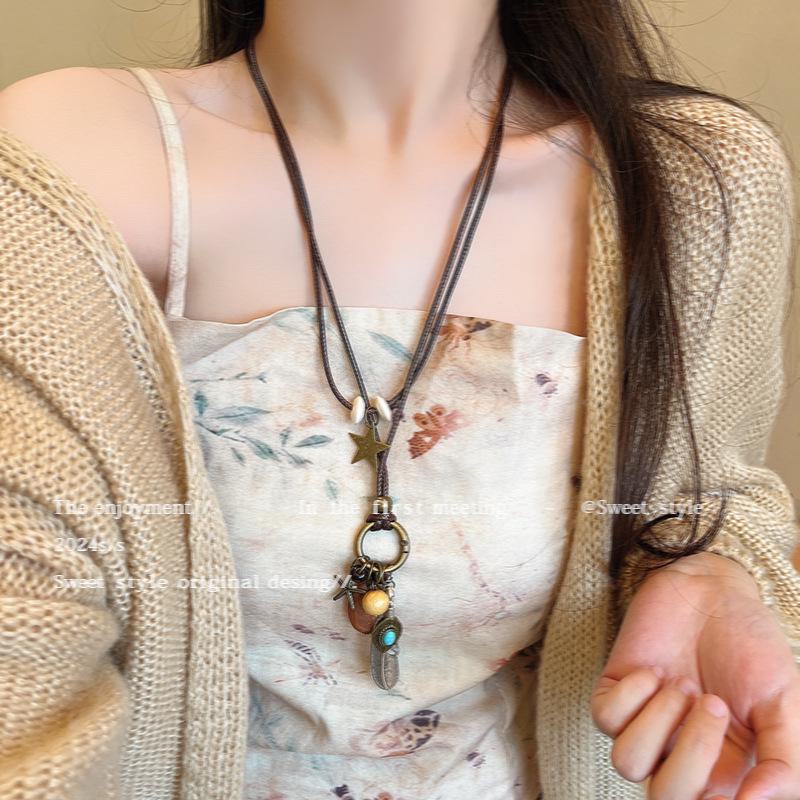 Chinese Retro Zen Long Feather Ethnic Necklace - Bohemian Stacked Sweater Chain