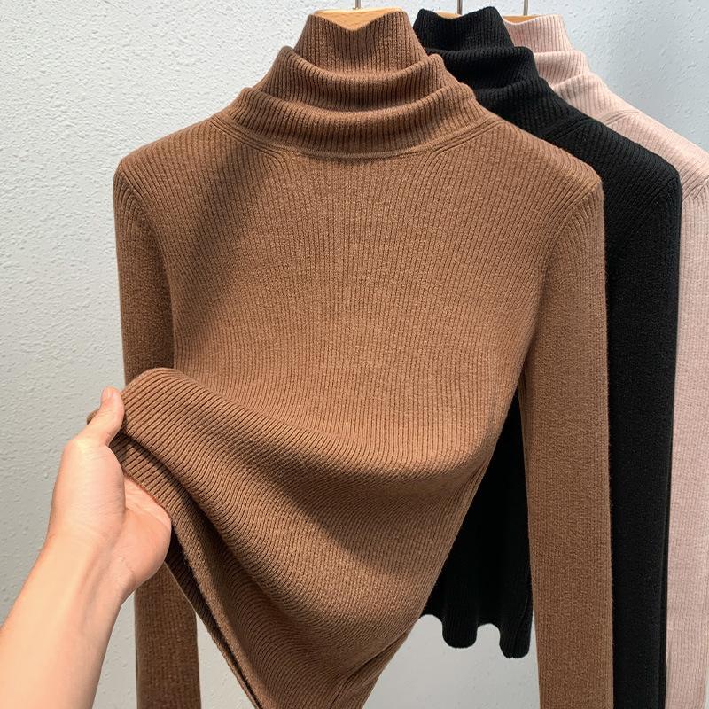 Женский осенне-зимний вязаный свитер с высоким воротом, джемпер чистого цвета