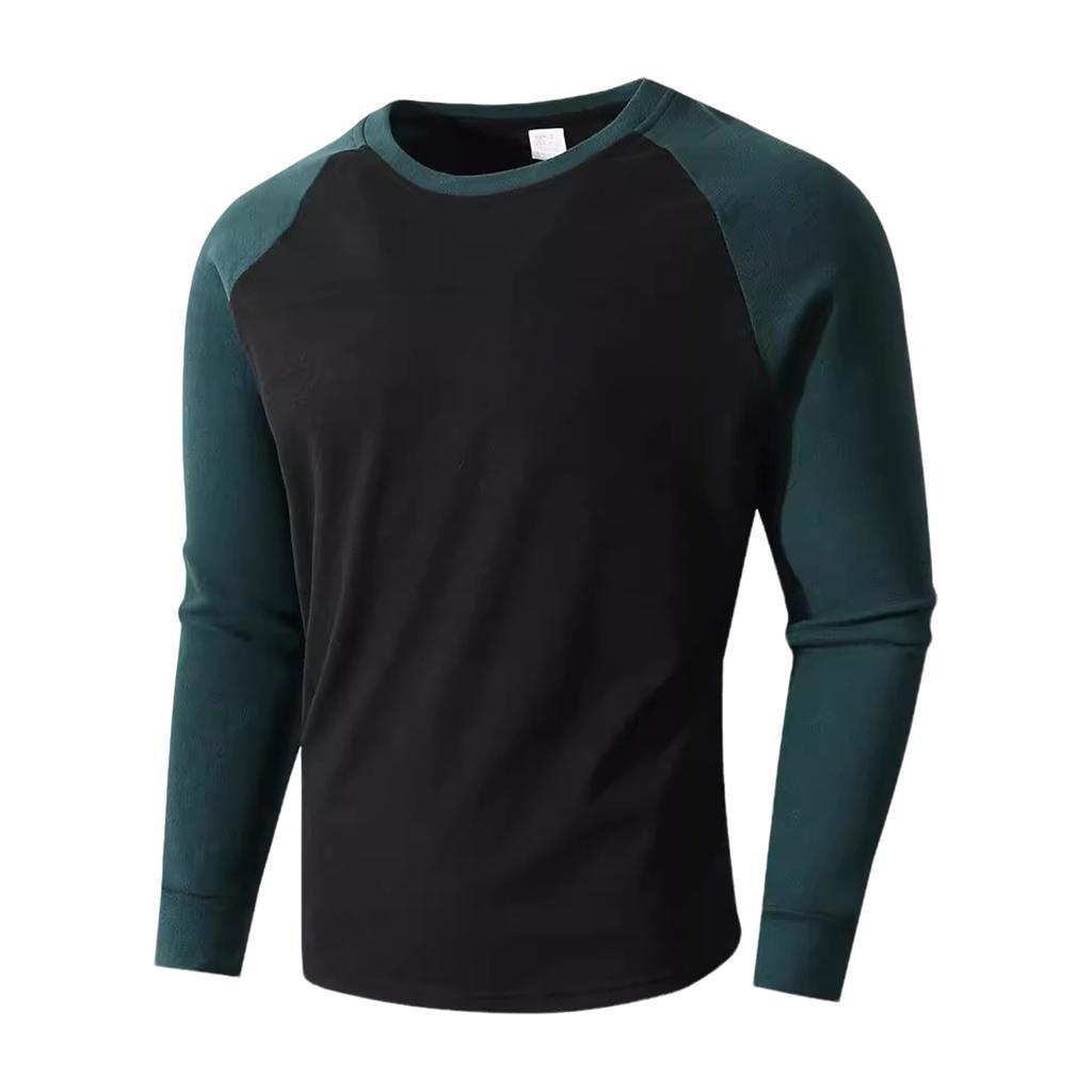 Men's Slim Fit Casual Sports Round Neck Long Sleeve Colorblock Pullover Bottoming Long Sleeve Top