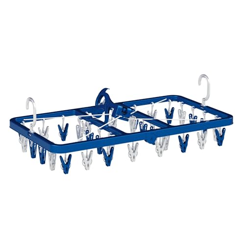 Towa Sangyo Laundry Drying Rack with LST Side Hooks, 32 Pinch Clothes Hangers, Blue, Anti-Tilt, Double Hooks, Large, Approx. 33cm Wide x 60cm Deep x 3