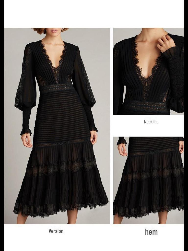 Элегантное вечернее платье с глубоким V-образным вырезом и длинными рукавами из черного кружева с вышивкой 2025 года