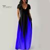 Women Maxi Dress with Pockets V Neck Short Sleeves Gradient Contrast Colors A-line Full Length Dress for Daily Party Dating