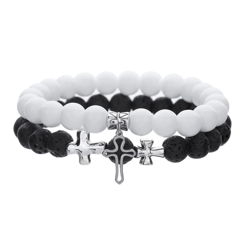 8Mm White Pine Volcano Stone Couple Bracelet Set, Hot Selling Cross Astronaut Pendant Elastic Bracelet