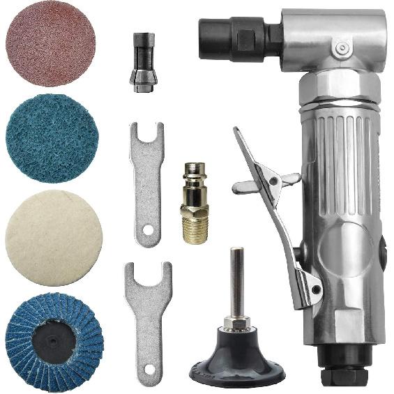 angle air die grinder 1/4" with 4 pcs 2" roll lock sanding discs, polished color angle pneumatic die grinder