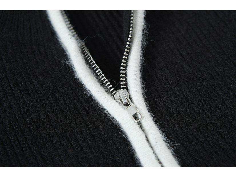 Унисекс Осенне-Зимний Кардиган на Молнии с Каменным Узором: Стойка воротника, Деталь с нашивкой, Двухцветный вязаный свитер