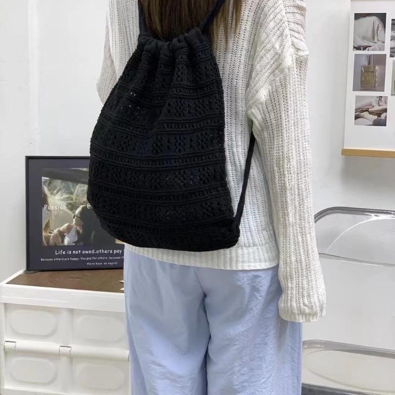 New Casual Knitted Hollow Backpack Large Capacity Solid Color Backpack Fashionable Girl Bucket Bag