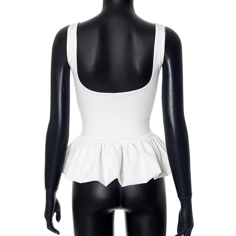 Square Neck Tank Tops For Women Sleeveless Backless Crop Top With Peplum Bubble Hem Summer Top Black White