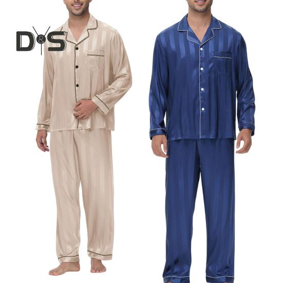 2 шт./компл. Шелковый атласный мужской пижамный комплект с пуговицами, длинными рукавами, верхом из пижамы с воротником-стойкой, пуговицами спереди, нагрудным карманом, длинными штанами, одежда для сна
