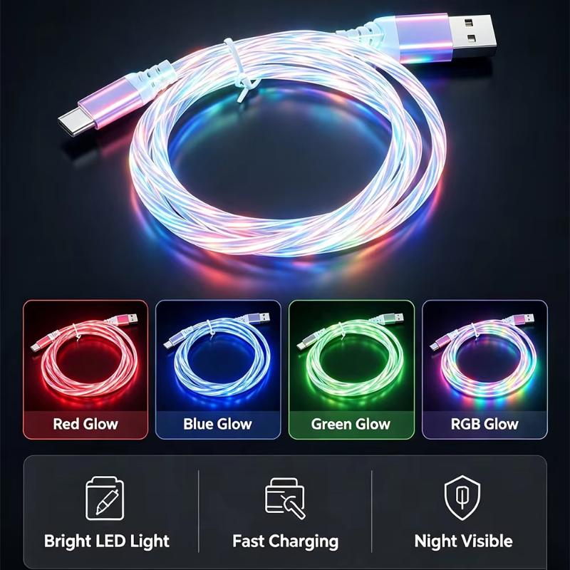 USB-кабель для быстрой зарядки со светодиодным эффектом текущего света, водонепроницаемый, прочный шнур для автомобиля, уличного кемпинга, зарядки телефона