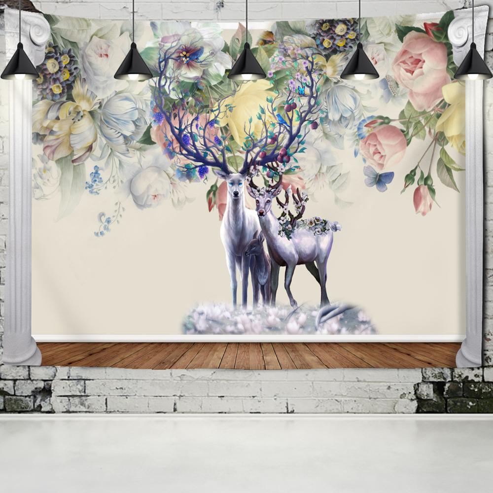 Красочный мультяшный гобелен с изображением лося и леса, настенный психоделический колдовство, хиппи, природный пейзаж, домашний декор, фоновая ткань