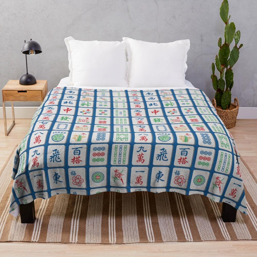 Mahjong Tiles on Blue Throw Blanket