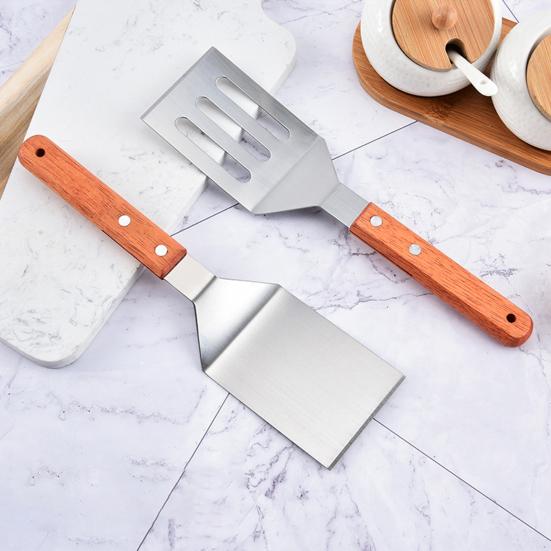 Stainless Steel Frying Spatula Set with Wooden Handle Heat Resistant Solid Turner