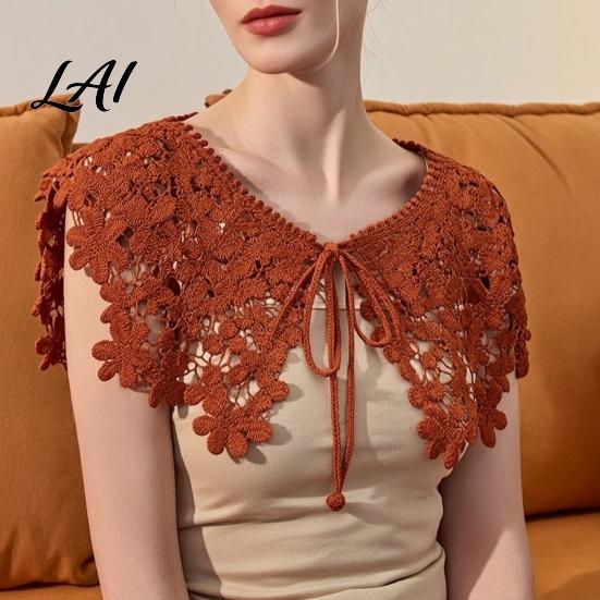 Vintage Style Hollow Shawl Crochet Flower False Collar for Women Retro Floral Detachable Fake Neck Accessory with Adjustable Ties Soft Decorative
