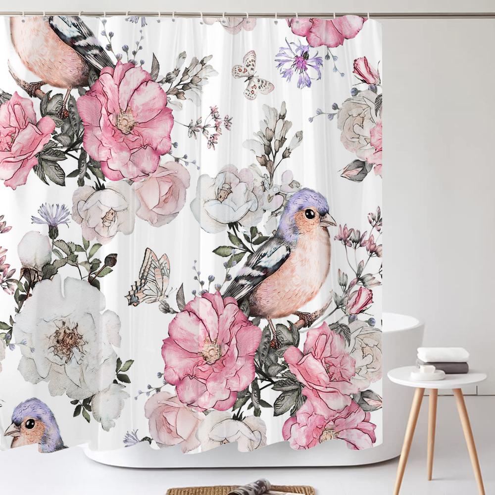 Watercolour FlowersLeaves Shower Curtain Morden Art Floral Waterproof Fabric Bathroom Curtains Room Decor Curtain With Hooks