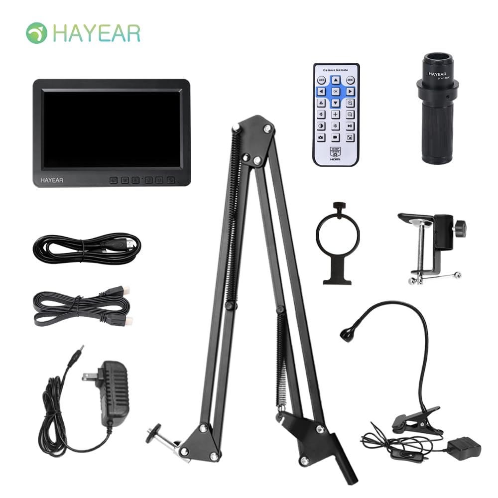 HAYEAR 26MP 7 Inch Screen Digital Microscope Camera Set with Microphone Arm Stand and 150x Suitable for Scientific Jewelry PCB Lens, Education,