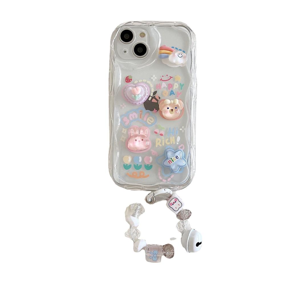Cute Three-dimensional Bear and Rabbit Suitable for Apple 16 Transparent Mobile Phone Case IP14PRO Soft Shell Bell Pendant Bracelet