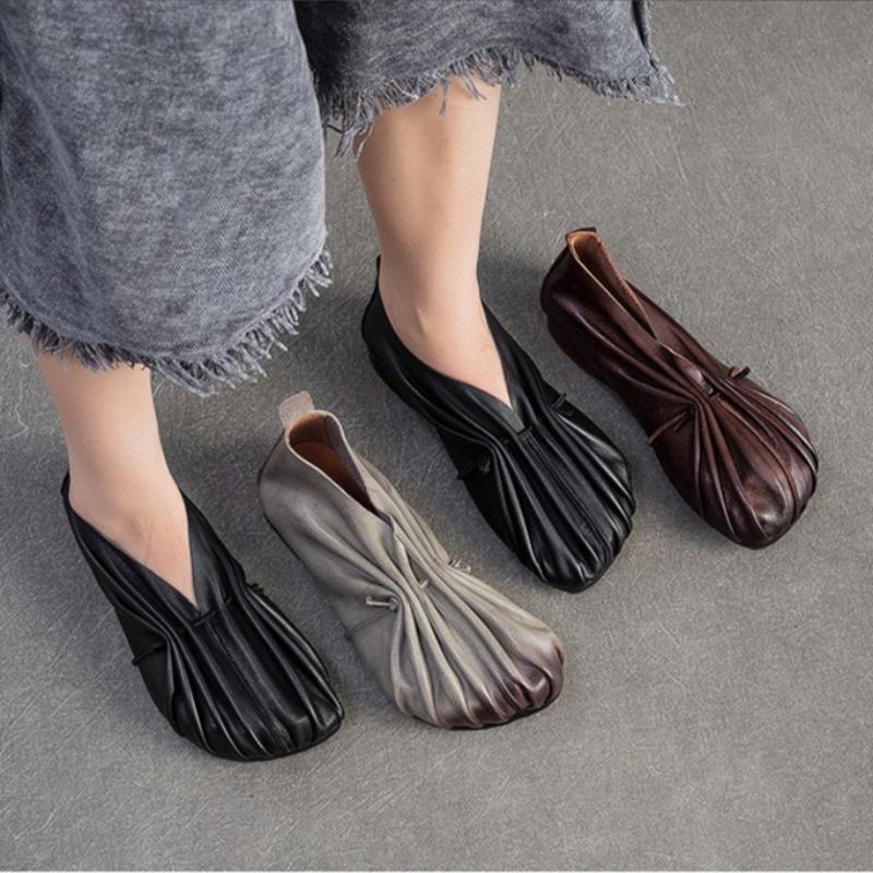 Johnature Ретро Плиссированные Балетки Ручной Работы из Натуральной Кожи с Круглым Носком на Мягкой Подошве Легкие Женские Слипоны