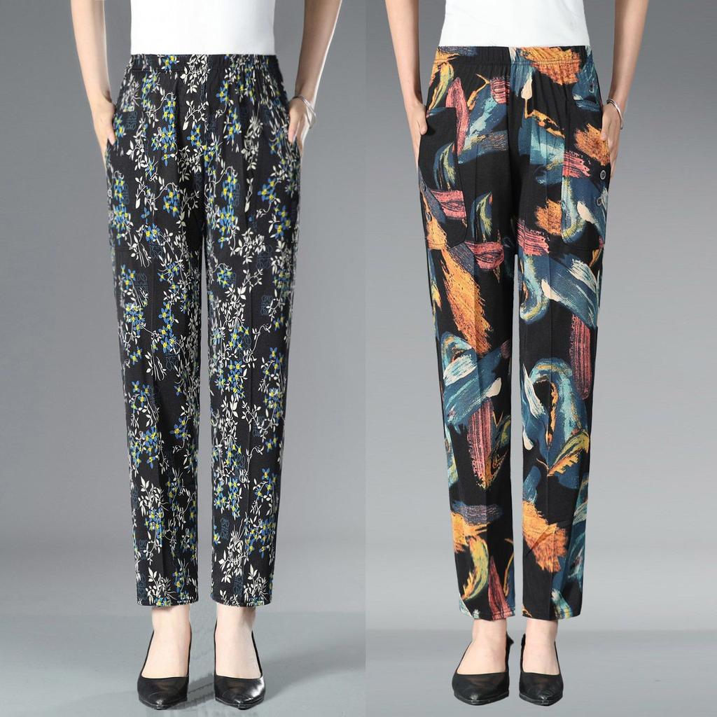 Летние брюки с цветочным принтом для женщин среднего и пожилого возраста. Эластичные брюки с высокой талией и цветочным принтом больших размеров для женщин среднего возраста.