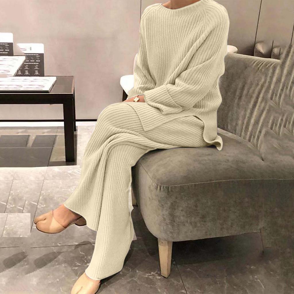 Женский однотонный вязаный топ с длинным рукавом и круглым вырезом, эластичные брюки, повседневный комплект из двух предметов, без карманов