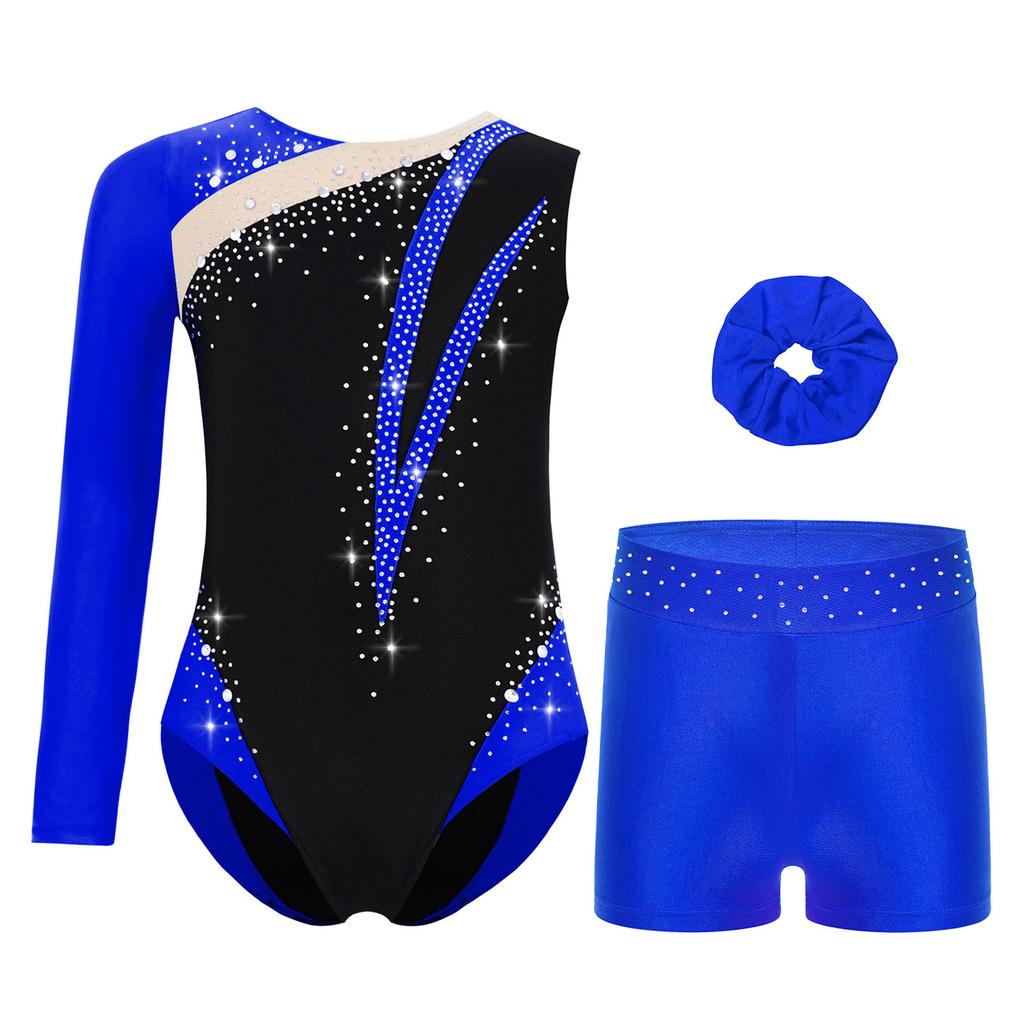 Girls Rhinestone Color Block Asymmetrical Leotard Round Neck Gymnastics Skating Outfit Set