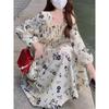 2024 Autumn French Floral Chiffon Slim Waist Long-Sleeve Dress