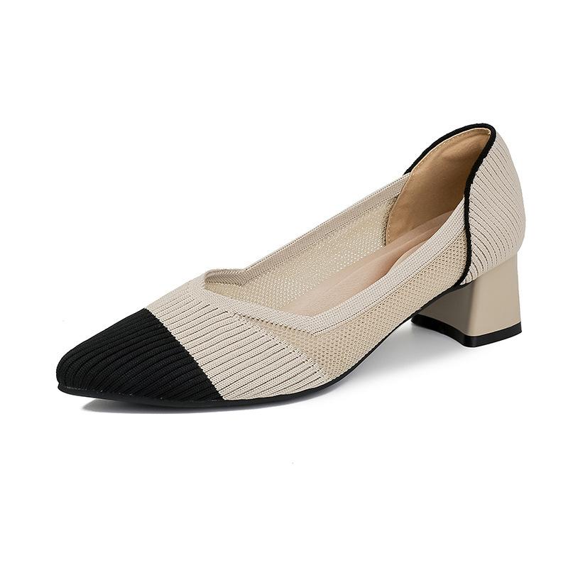 Middle Heel New Pointed Head Shallow Mouth Single Shoes Thick Heel Knitted Flying Shoes High Heel Women's Shoes