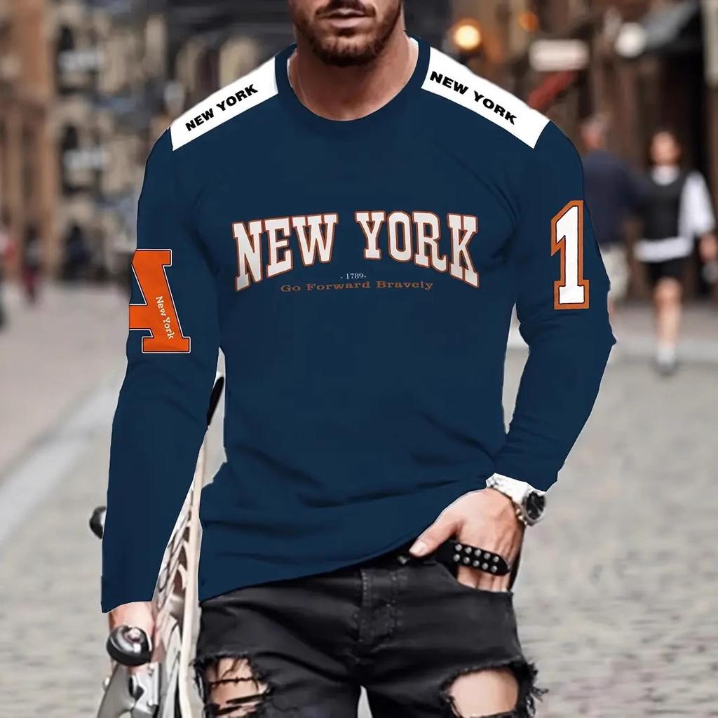 Мужские футболки с 3D-принтом названия города, модные, повседневные, с длинным рукавом - Мягкая полиэстеровая ткань средней эластичности, одежда для весны и осени, свободного кроя