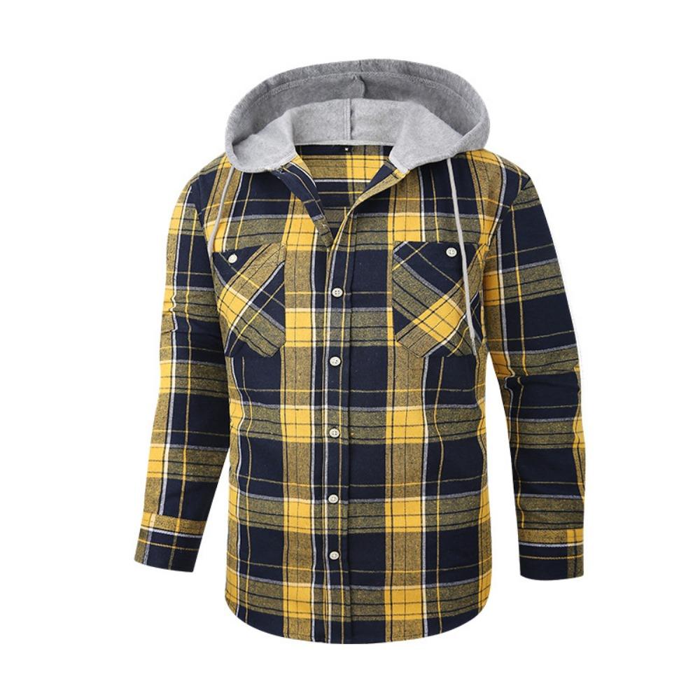 New Hooded Men's Plaid Shirts Long Sleeved Casual Flannel Loose Coat Fashion Street Style Men's Sports Shirt Jacket Male Clothes