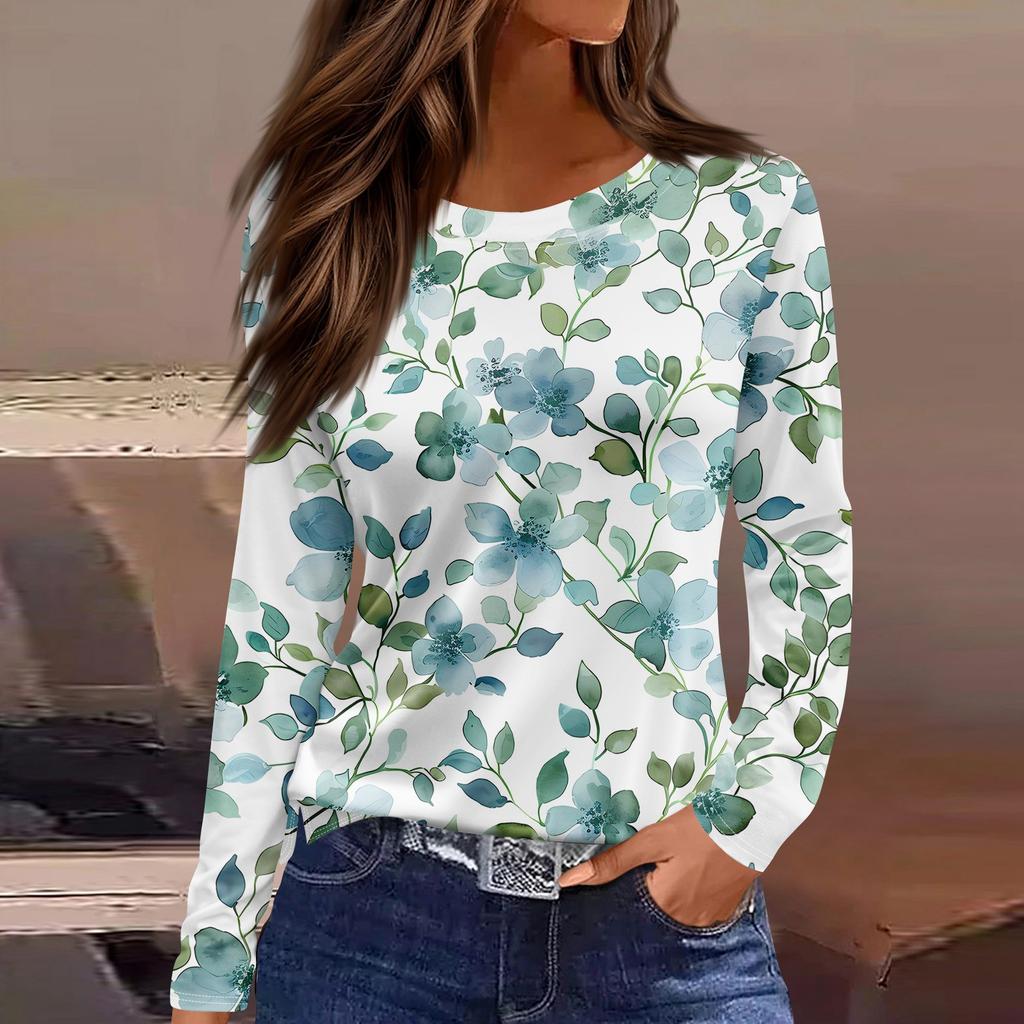 Женская модная повседневная свободная футболка с принтом и круглым вырезом с разрезом и длинным рукавом, женский топ