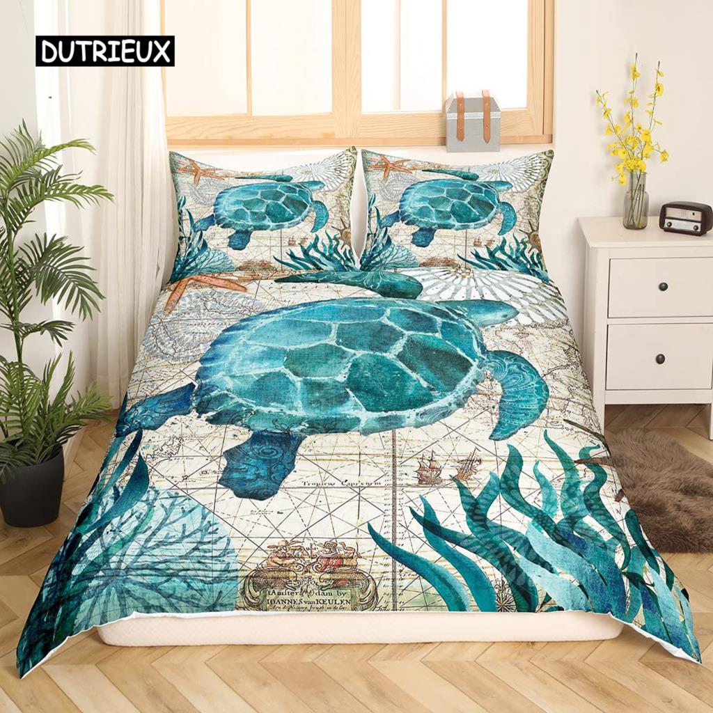 Пододеяльник с бирюзовым узором King Queen Ocean Spanish Mackerel Пододеяльник с изображением морского подводного мира Морская жизнь Комплект постельного белья из полиэстера