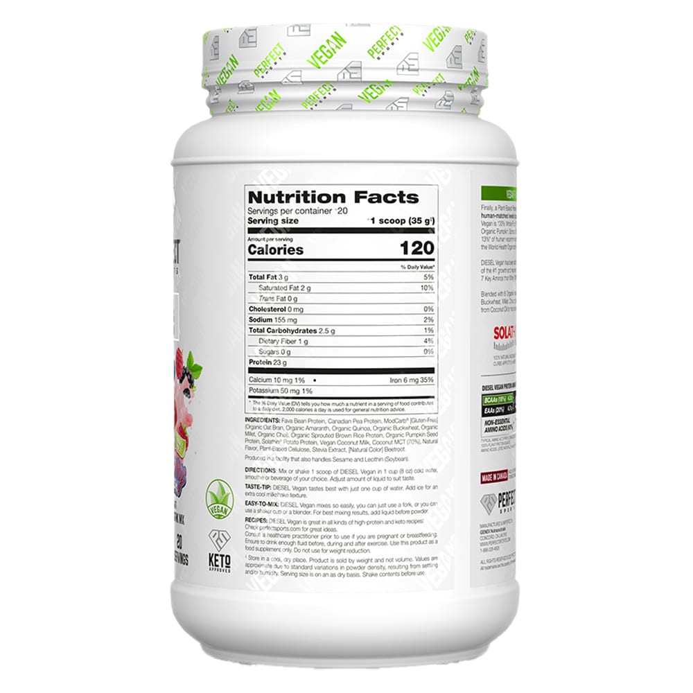 Perfect Sports Diesel, Vegan, 100% Plant-based Protein Blend, Very Berry Splash, 1.5 Lb (700 G)