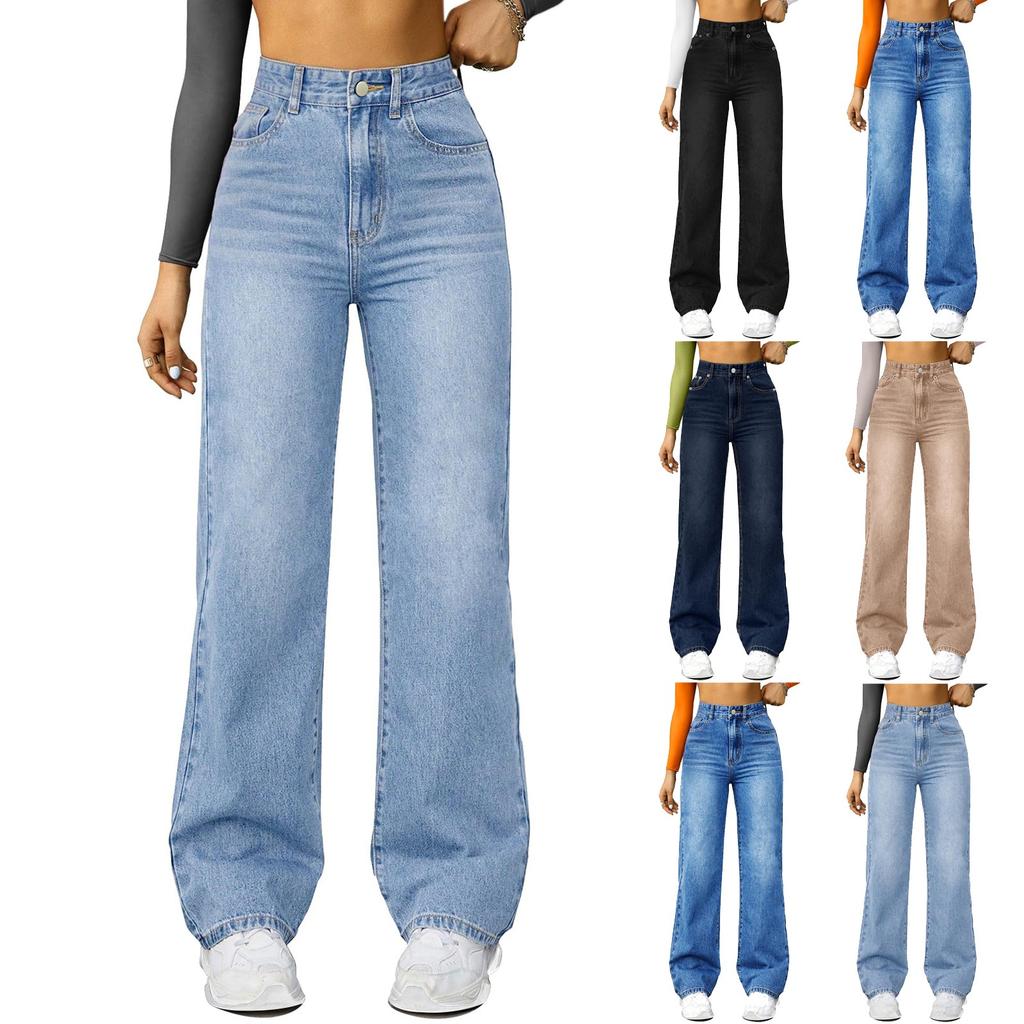 Women's High Waist Washed Women's Jeans Fashionable Versatile Straight Leg Pants