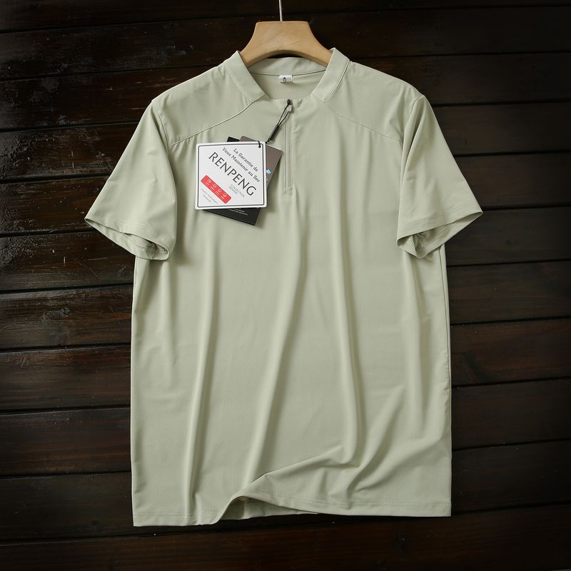 American Orders Moisture-Wicking and Sweat-Wicking Cool-Feeling Ice Silk High-Elastic Summer Men's Sports Breathable Half-Zip Short-Sleeved T-Shirt