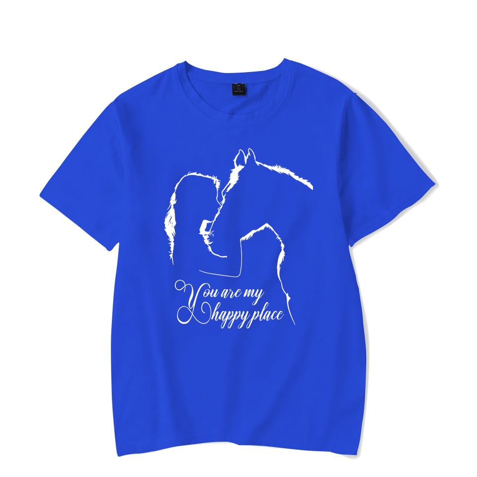 Funny Horse And Girl You Are My Happy Place Print T-shirts Summer Short Sleeve Tee Shirts For Women Round Neck Ladies Personalized Tops