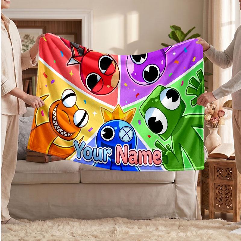 Rainbow Friends Personalized Flannel Blanket, Custom Printed Text Name, Warm Soft Blanket For Couch Bed